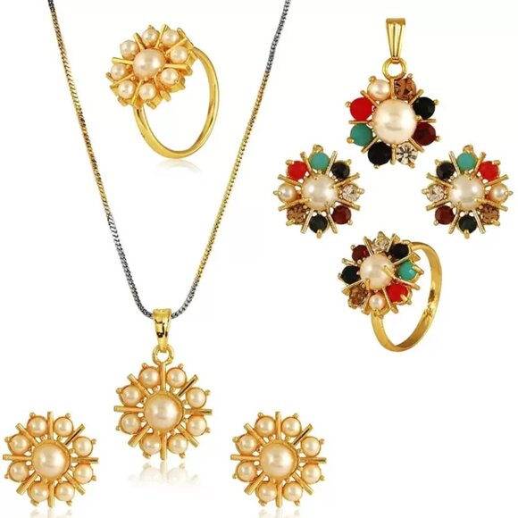 Traditional Pearl & Navratna Combo Pendant Set with Earrings and Ring - Picture 1 of 6